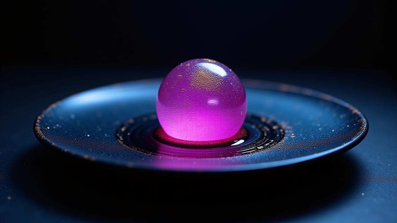 Ein spektakuläres molekulares Dessert, das wie ein glühender Planet in einem Nebel aus Trockeneis aussieht