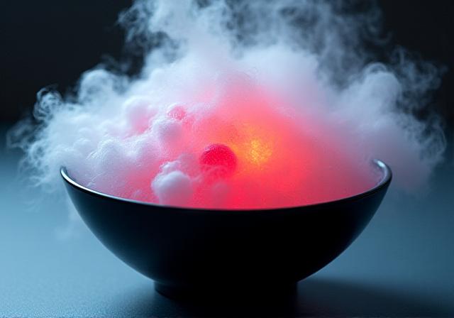 Servierschale mit Trockeneis-Nebel und feinen kulinarischen Kreationen