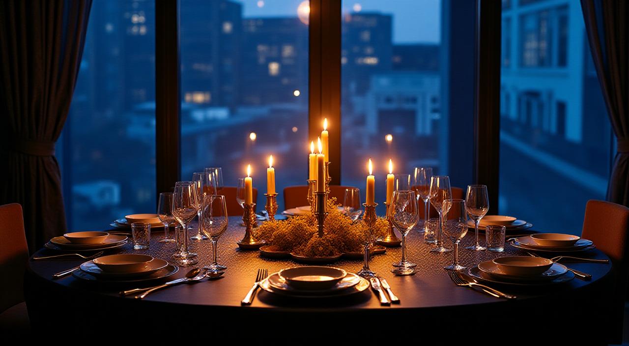 Ein elegant gedeckter Tisch in einer luxuriösen Berliner Wohnung mit astronomischer Dekoration