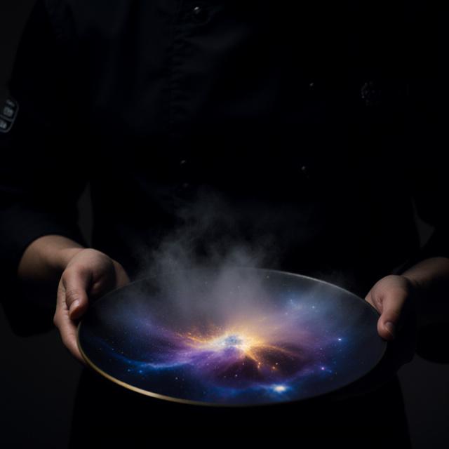 Professioneller Chefkoch präsentiert ein astronomisches Dessert unter atmosphärischer Beleuchtung