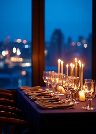 Elegant gedeckter Tisch mit Sternen-Thematik und goldener Dekoration